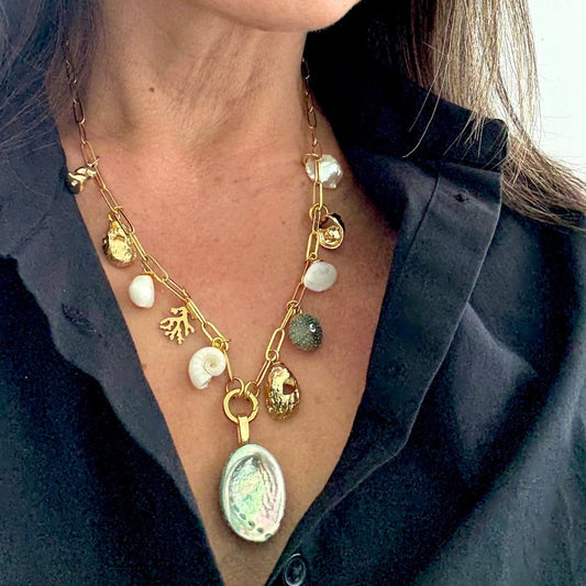 Bounty from the Sea statement charm necklace, handmade New Zealand jewellery