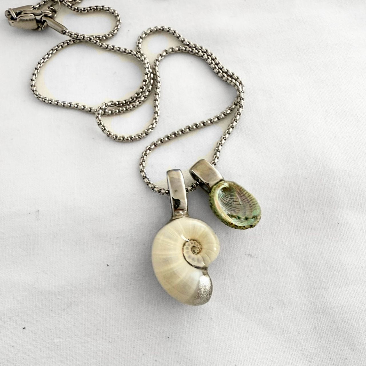 Mother and child necklace ram's horn squid and paua shell, handmade jewellery