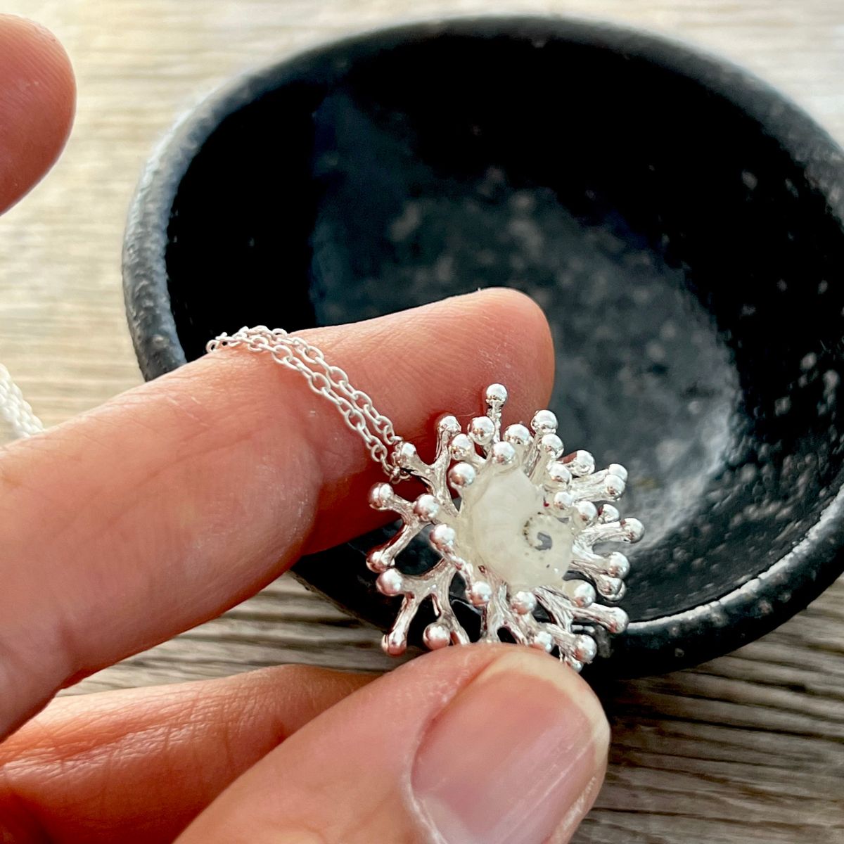 Tiny Tidal Treasure Necklace - Silver Coral with Ram’s Horn Squid Shell