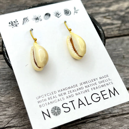 SS27 - Beachy Cowrie Shell U-Hook Earrings (Gold Plated Stainless Steel)