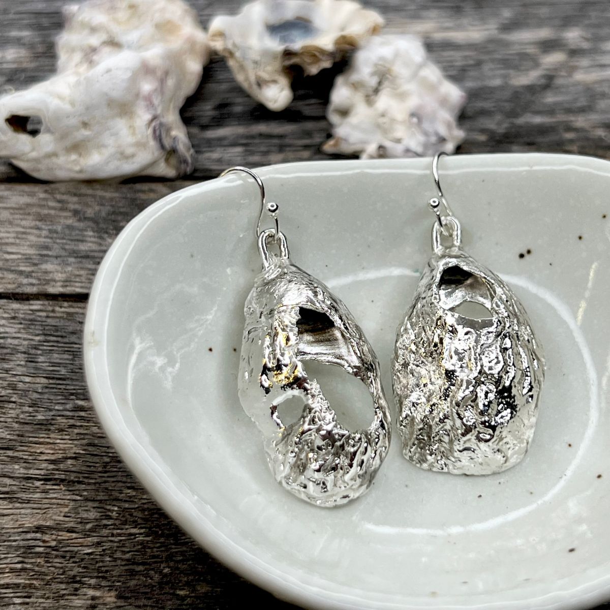 SS38 Weather But Wondrous Oyster Shell Earrings  Silver Dipped