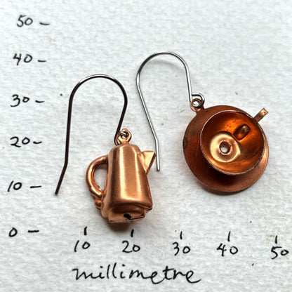 SS40 Vintage Copper Coffee/Tea Pot & Cup Charm Earrings