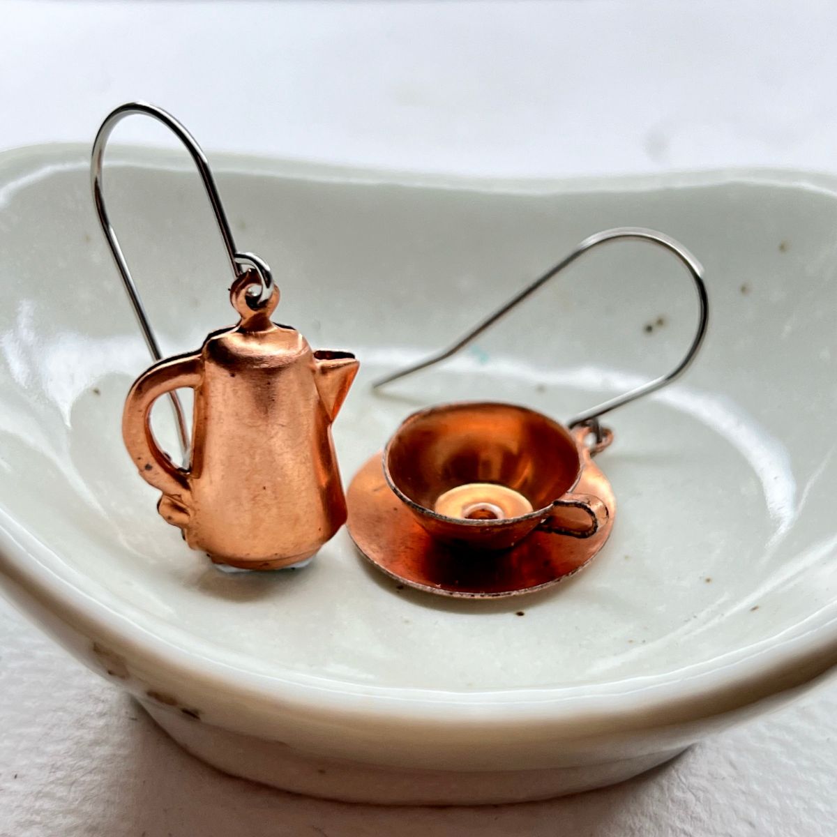 SS40 Vintage Copper Coffee/Tea Pot & Cup Charm Earrings