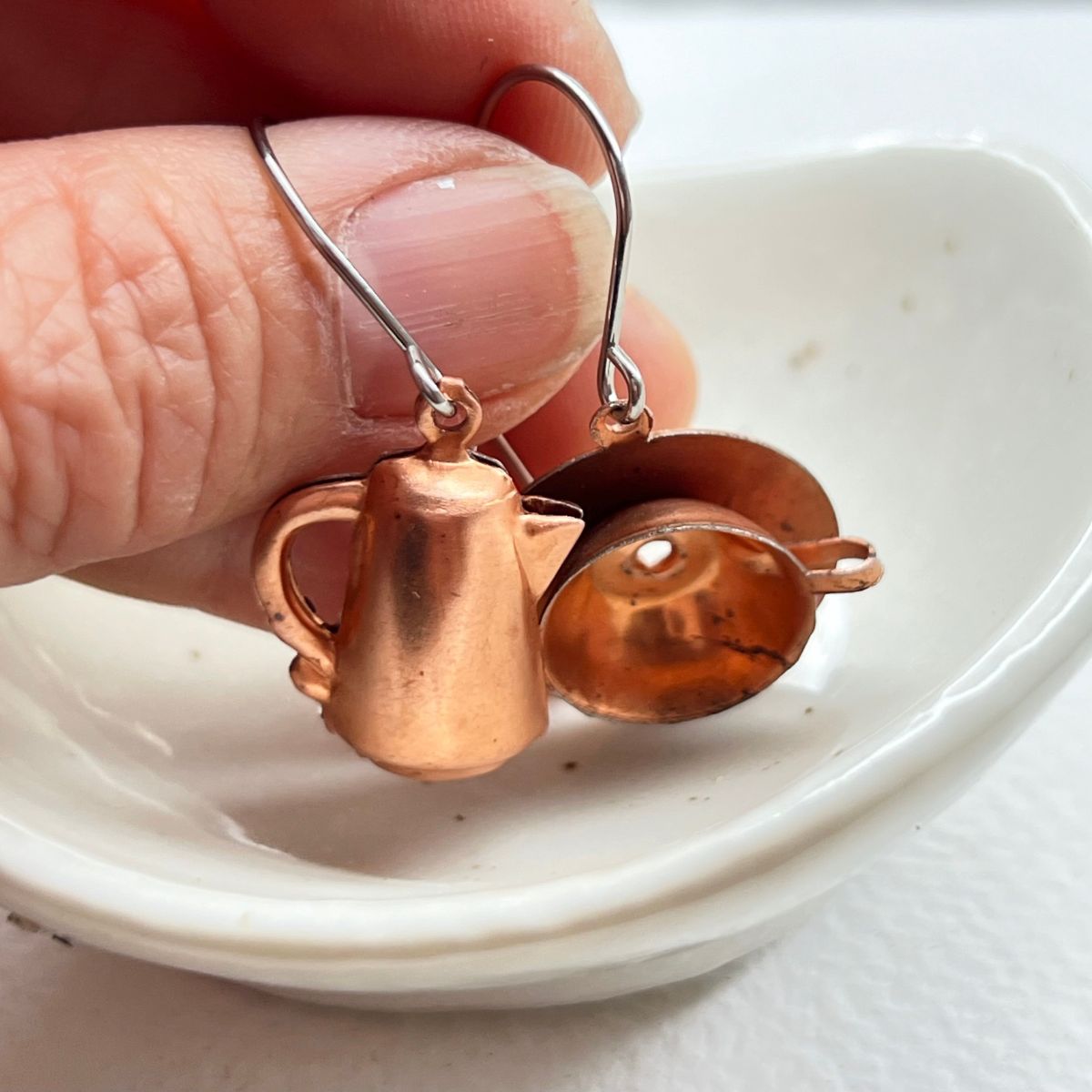 SS40 Vintage Copper Coffee/Tea Pot & Cup Charm Earrings