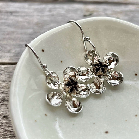 SS43 - Manuka Pod Flower French Hook Earrings Silver