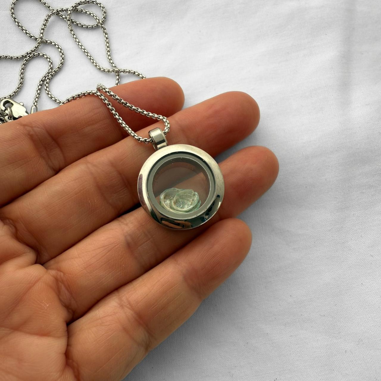 Story keeper locket necklace worn on model