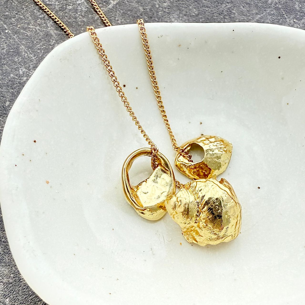 Tide-worn trio sea shell necklace gold, handmade New Zealand jewellery
