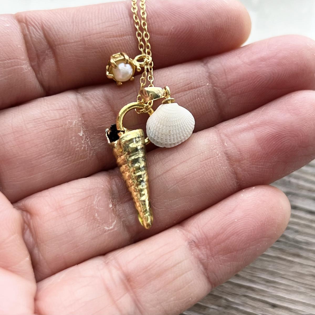 Tiny Tiday Treasures Trio - Cockle Shell, Turret Shell & Rice Pearl Necklace