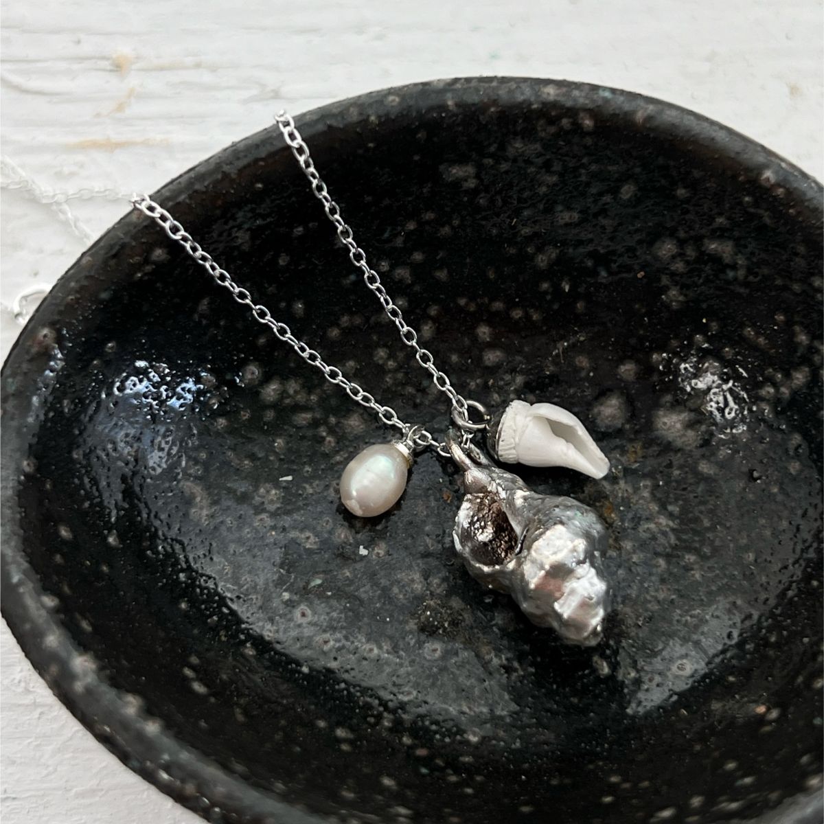 Silver Whelk Shells & Pearl Trio Cluster Necklace