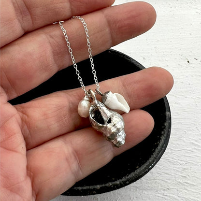 Silver Whelk Shells & Pearl Trio Cluster Necklace