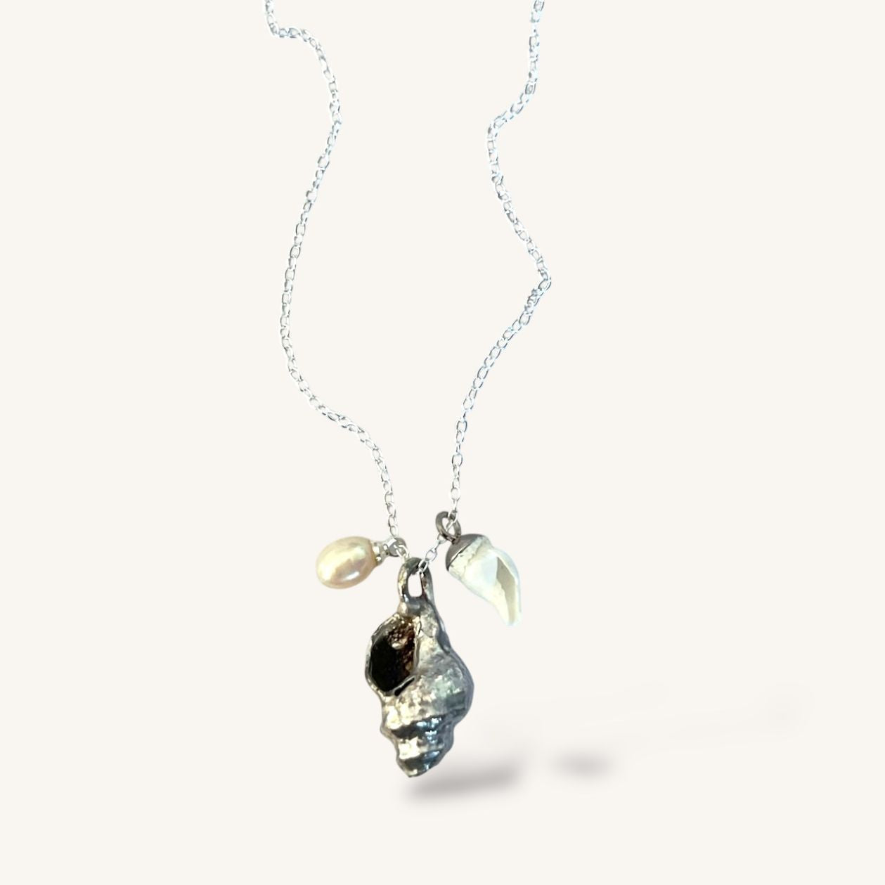 Silver Whelk Shells & Pearl Trio Cluster Necklace