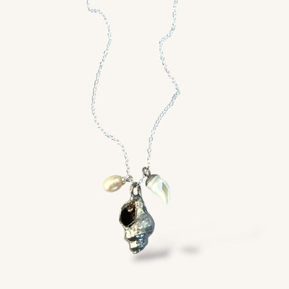 Silver Whelk Shells & Pearl Trio Cluster Necklace