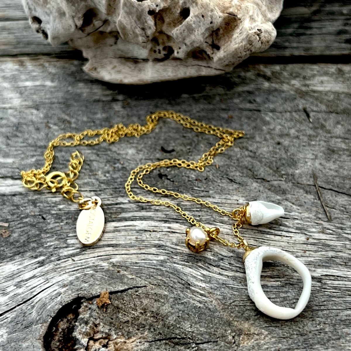 Weathered Whelk Shell Trio Cluster Necklace